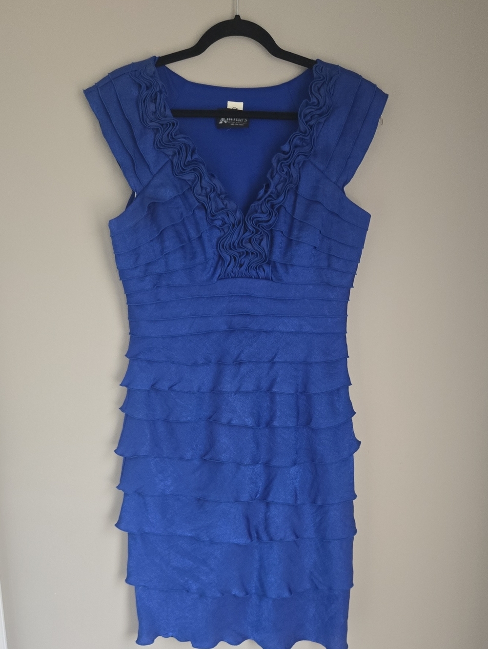 Sz 10 Vintage Cobalt Blue Tiered Ruffle V-Neck Dress For Women